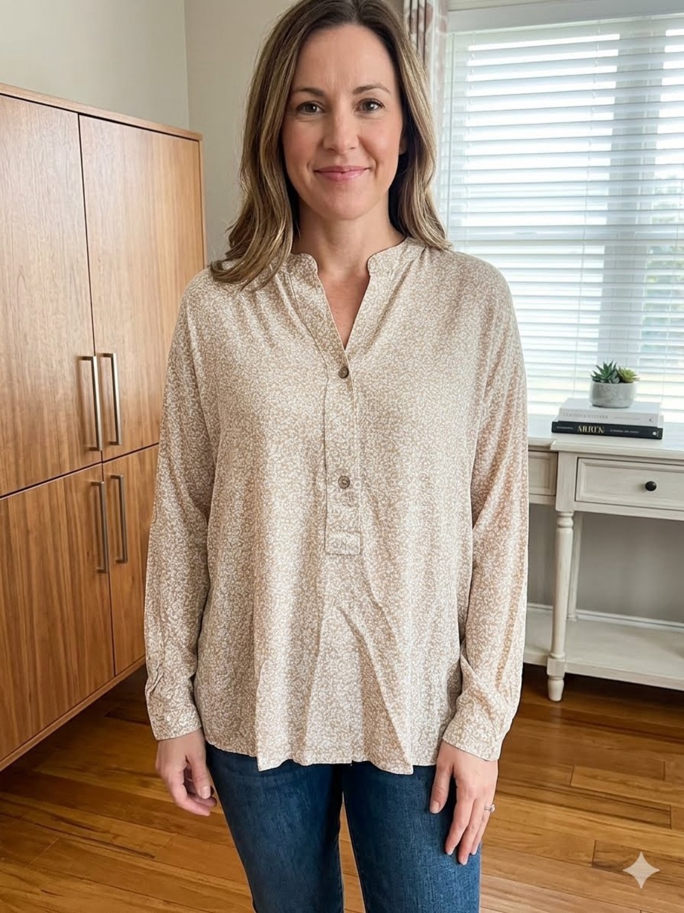 Promesa Beige Printed Popover Button-Front Shirt